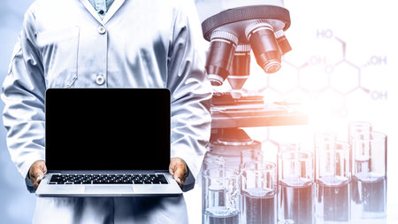 Research and development concept. Double exposure image of scientific and medical lab instrument