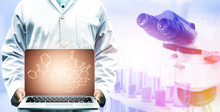 Research and development concept. Double exposure image of scientific and medical lab instrument, microscope, test tube and glass flask for microbiology and chemistry in laboratory for medicine study.の写真素材