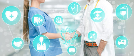 Medical Healthcare Concept - Doctor in hospital with digital medical icons graphic banner showing...