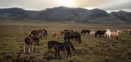 Icelandic horse in the field of scenic nature landscape of Iceland.の写真素材