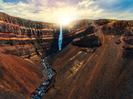Aerial view Icelandic summer landscape of the Aldeyjarfoss waterfall in north Iceland. The waterfall is situated in the northern part of the Sprengisandur Road within the Highlands of Iceland.の写真素材