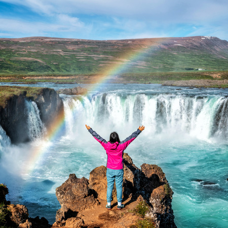 The Godafoss (Icelandic: waterfall of the gods) is a famous waterfall in Iceland. The breathtaking landscape of Godafoss waterfall attracts tourist to visit the Northeastern Region of Iceland.の写真素材