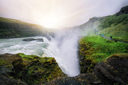 Landscape of Gullfoss waterfall in Iceland. Gullfoss waterfall is the powerful famous waterfall attracting tourist who visit route of Iceland Golden Circle.の写真素材