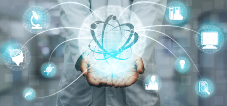 Medical Healthcare Research and Development Concept. Doctor in hospital lab with science health research icon show symbol of medical care technology innovation, medicine discovery and healthcare data.の写真素材