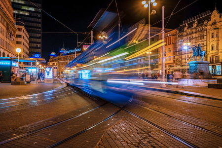 Zagreb, Croatia - Jul 18, 2017: Long exposure shot of urban scene of busy city center of Zagreb, Croatia. Ban Jelacic square is the transportation central of Zagreb, the capital of Croatia.のeditorial素材