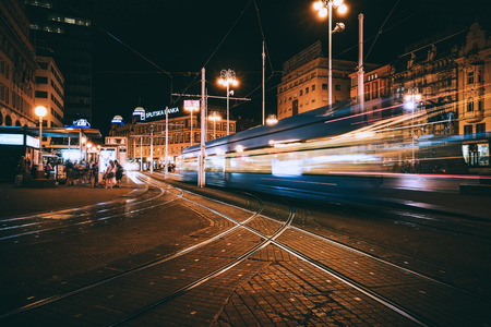Zagreb, Croatia - Jul 18, 2017: Long exposure shot of urban scene of busy city center of Zagreb, Croatia. Ban Jelacic square is the transportation central of Zagreb, the capital of Croatia.のeditorial素材