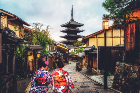 Kyoto, Japan Culture Travel - Asian traveler wearing traditional Japanese kimono walking in Higashiyama district in the old town of Kyoto, Japan.のeditorial素材
