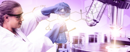 Research and development concept. Double exposure image of scientific and medical lab instrument, microscope, test tube and glass flask for microbiology and chemistry in laboratory for medicine study.の写真素材
