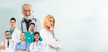 Healthcare people group portrait in creative layout. Professional medical staff, doctors, nurse and surgeon. Medical technology research institute and doctor staff service concept.の写真素材