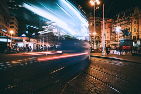 Zagreb, Croatia - Jul 18, 2017: Long exposure shot of urban scene of busy city center of Zagreb, Croatia. Ban Jelacic square is the transportation central of Zagreb, the capital of Croatia.のeditorial素材