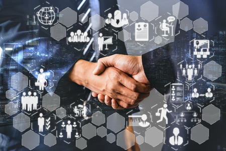 Human Resources Recruitment and People Networking Concept. Modern graphic interface showing professional employee hiring and headhunter seeking interview candidate for future manpower.の写真素材