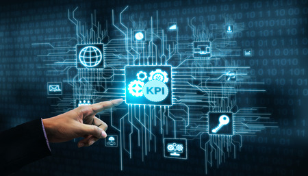 KPI Key Performance Indicator for Business Concept - Modern graphic interface showing symbols of job target evaluation and analytical numbers for marketing KPI management.の写真素材