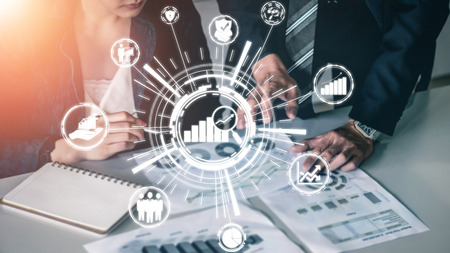 Data Analysis for Business and Finance Concept. Graphic interface showing future computer technology of profit analytic, online marketing research and information report for digital business strategy.の写真素材