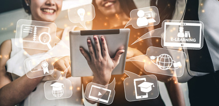 E-learning and Online Education for Student and University Concept. Graphic interface showing technology of digital training course for people to do remote learning from anywhere.の写真素材