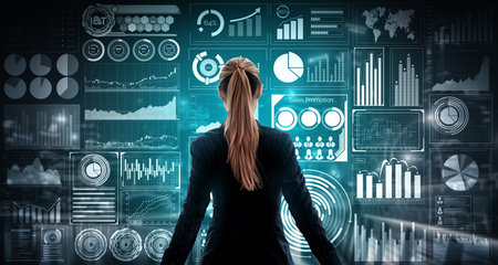 Big Data Technology for Business Finance Analytic Concept. Modern graphic interface shows massive...
