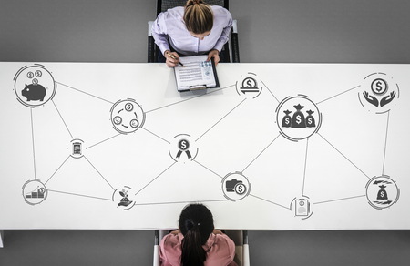 Finance and Money Transaction Technology Concept. Icon Graphic interface showing fintech trade exchange, profit statistics analysis and market analyst service in modern computer application.の写真素材