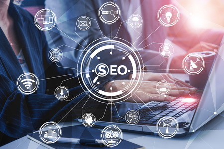 SEO - Search Engine Optimization for Online Marketing Concept. Modern graphic interface showing symbol of keyword research website promotion by optimize customer searching and analyze market strategy.の写真素材
