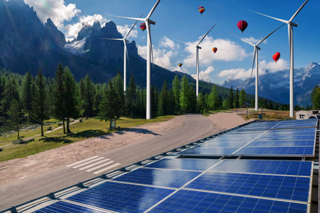 Solar energy panel photovoltaic cell and wind turbine farm power generator in nature landscape for...