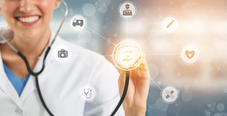 Medical Healthcare Concept - Doctor in hospital with digital medical icons graphic banner showing...
