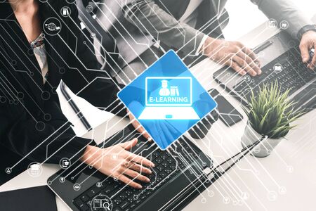 E-learning and Online Education for Student and University Concept. Graphic interface showing technology of digital training course for people to do remote learning from anywhere.の写真素材