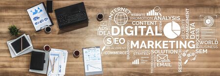 Digital Marketing Technology Solution for Online Business Concept - Graphic interface showing analytic diagram of online market promotion strategy on digital advertising platform via social media.の写真素材