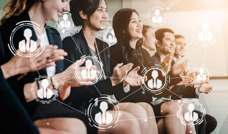 Human Resources Recruitment and People Networking Concept. Modern graphic interface showing professional employee hiring and headhunter seeking interview candidate for future manpower.の写真素材