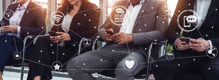 Social media and young people network concept. Modern graphic interface showing online social connection network and media channels to engage customer interaction in the digital business.の写真素材