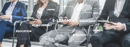 E-learning and Online Education for Student and University Concept. Graphic interface showing technology of digital training course for people to do remote learning from anywhere.の写真素材