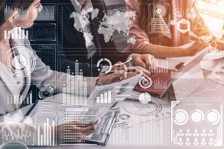Big Data Technology for Business Finance Analytic Concept. Modern graphic interface shows massive...