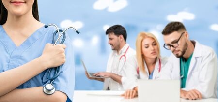 Healthcare people group. Professional doctor working in hospital office or clinic with other doctors, nurse and surgeon. Medical technology research institute and doctor staff service concept.の写真素材
