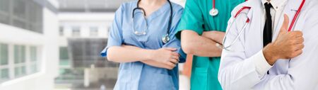Healthcare people group. Professional doctor working in hospital office or clinic with other doctors, nurse and surgeon. Medical technology research institute and doctor staff service concept.の写真素材