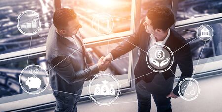 Finance and Money Transaction Technology Concept. Icon Graphic interface showing fintech trade exchange, profit statistics analysis and market analyst service in modern computer application.の写真素材