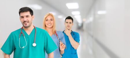 Healthcare people group. Professional doctor working in hospital office or clinic with other doctors, nurse and surgeon. Medical technology research institute and doctor staff service concept.の写真素材