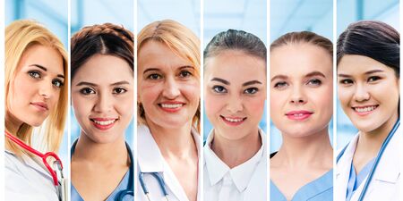 Healthcare people group. Professional doctor working in hospital office or clinic with other doctors, nurse and surgeon. Medical technology research institute and doctor staff service concept.の写真素材