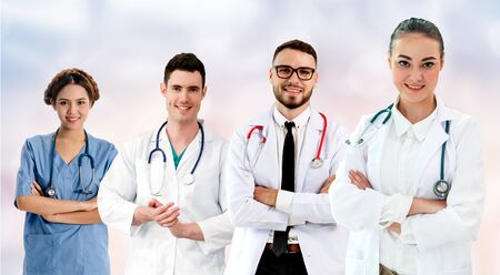 Healthcare people group. Professional doctor working in hospital office or clinic with other doctors, nurse and surgeon. Medical technology research institute and doctor staff service concept.の写真素材