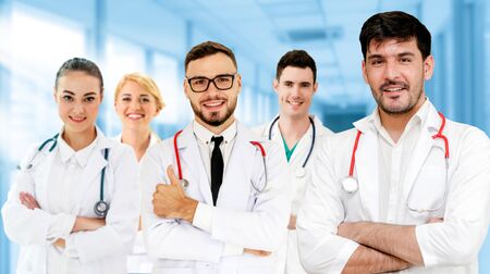 Healthcare people group. Professional doctor working in hospital office or clinic with other doctors, nurse and surgeon. Medical technology research institute and doctor staff service concept.の写真素材