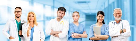 Healthcare people group. Professional doctor working in hospital office or clinic with other doctors, nurse and surgeon. Medical technology research institute and doctor staff service concept.の写真素材