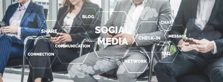 Social media and young people network concept. Modern graphic interface showing online social connection network and media channels to engage customer interaction in the digital business.の写真素材