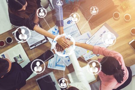 Human Resources Recruitment and People Networking Concept. Modern graphic interface showing professional employee hiring and headhunter seeking interview candidate for future manpower.の写真素材