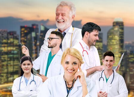 Healthcare people group portrait in creative layout. Professional medical staff, doctors, nurse and surgeon. Medical technology research institute and doctor staff service concept.の写真素材