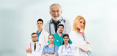 Healthcare people group portrait in creative layout. Professional medical staff, doctors, nurse and surgeon. Medical technology research institute and doctor staff service concept.の写真素材