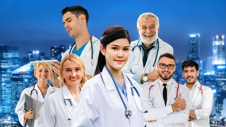 Healthcare people group portrait in creative layout. Professional medical staff, doctors, nurse and surgeon. Medical technology research institute and doctor staff service concept.の写真素材