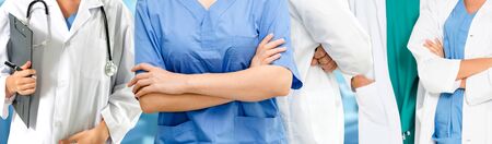 Healthcare people group. Professional doctor working in hospital office or clinic with other doctors, nurse and surgeon. Medical technology research institute and doctor staff service concept.の写真素材