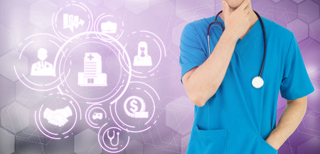 Medical Healthcare Concept - Doctor in hospital with digital medical icons graphic banner showing...