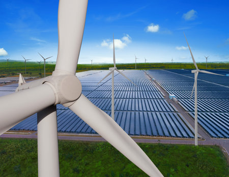 Solar energy panel photovoltaic cell and wind turbine farm power generator in nature landscape for...