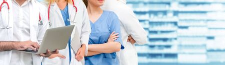 Healthcare people group. Professional doctor working in hospital office or clinic with other doctors, nurse and surgeon. Medical technology research institute and doctor staff service concept.の写真素材