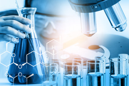 Research and development concept. Double exposure image of scientific and medical lab instrument,...