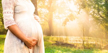 Pregnant woman feeling happy with new life at garden home while take care of her child. The young expecting mother holding baby in pregnant belly. Maternity prenatal care and woman pregnancy concept.の写真素材