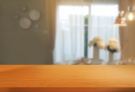 Wood table in modern home room interior with empty copy space on the table for product display...