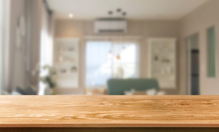 Wood table in modern home room interior with empty copy space on the table for product display...